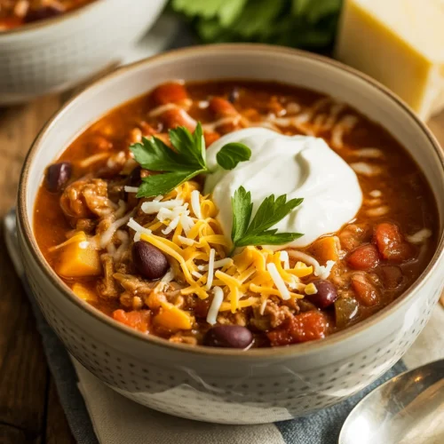 Bowl of turkey pumpkin chili topped with sour cream, shredded cheese, and fresh parsley.
