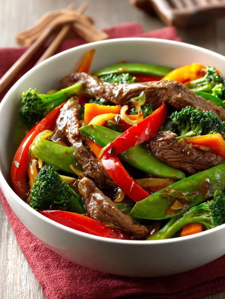 Beef and vegetable stir fry with snap peas, broccoli, carrots, and red peppers in a glossy savory sauce