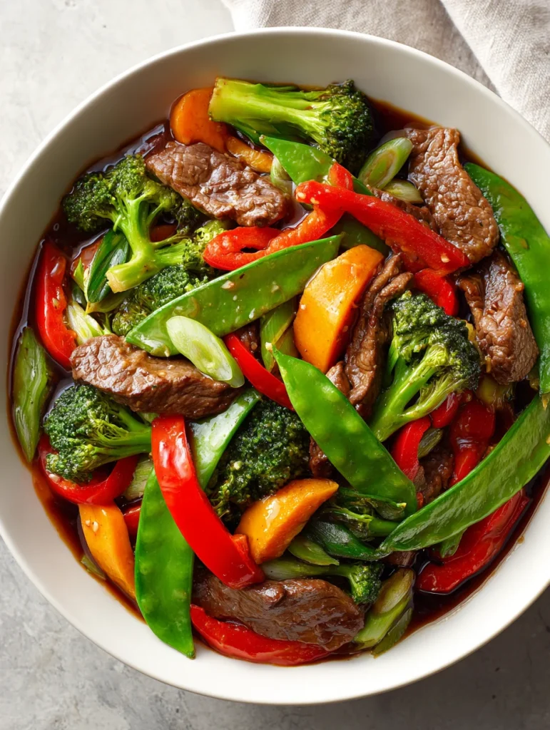 Beef and vegetable stir fry with broccoli, snap peas, red peppers, and carrots in a rich soy-based sauce