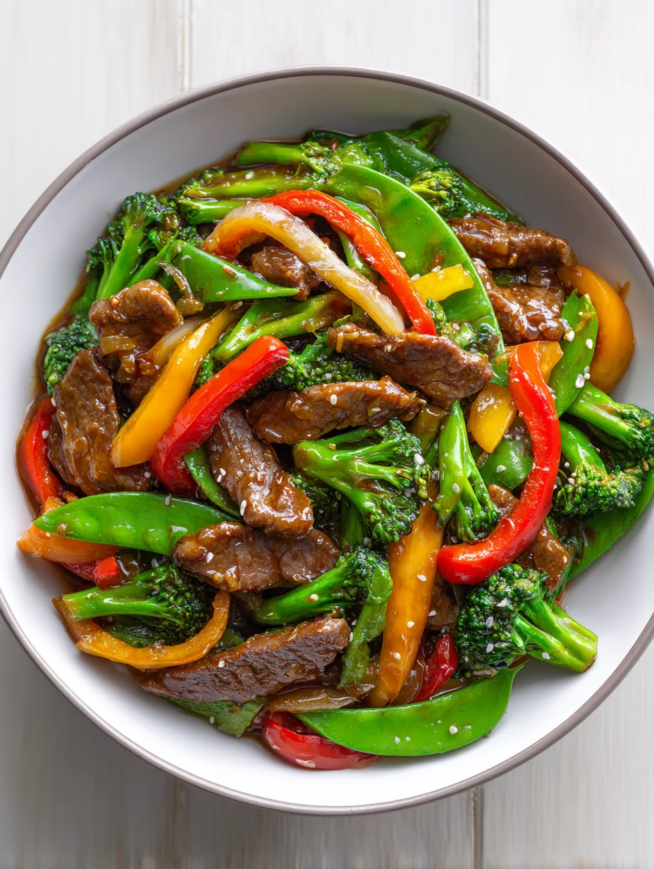 Beef and vegetable stir fry with broccoli, bell peppers, and snap peas coated in a glossy savory sauce