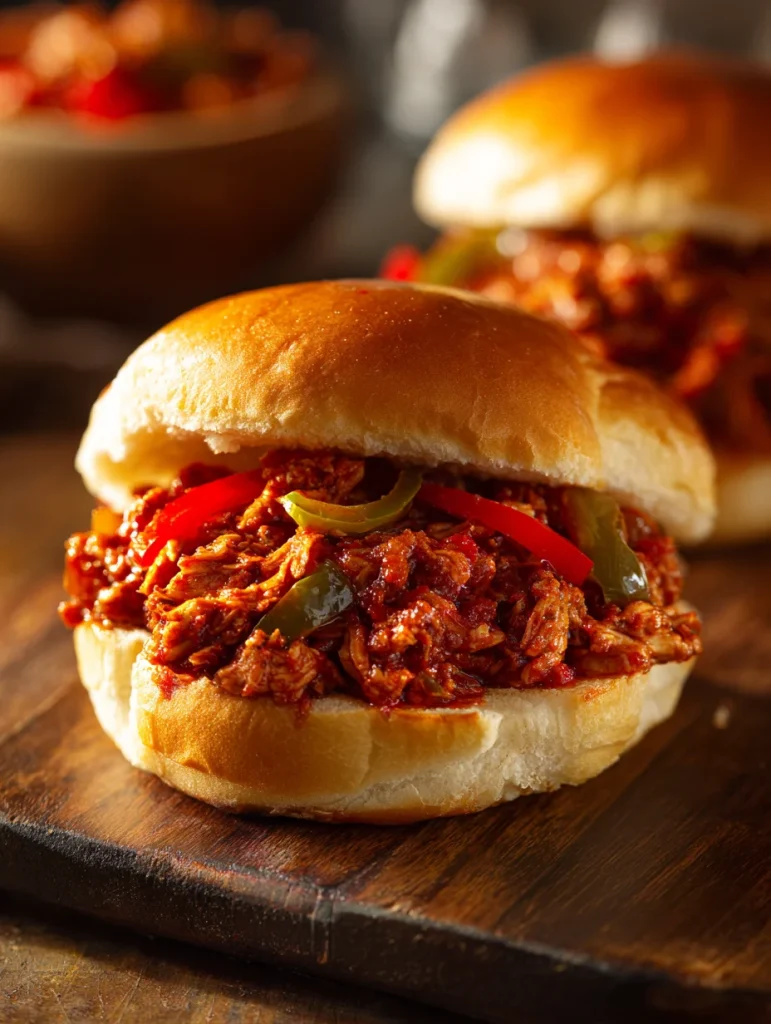 Cajun chicken sloppy joes loaded with shredded spicy chicken and sliced bell peppers on a soft toasted bun.