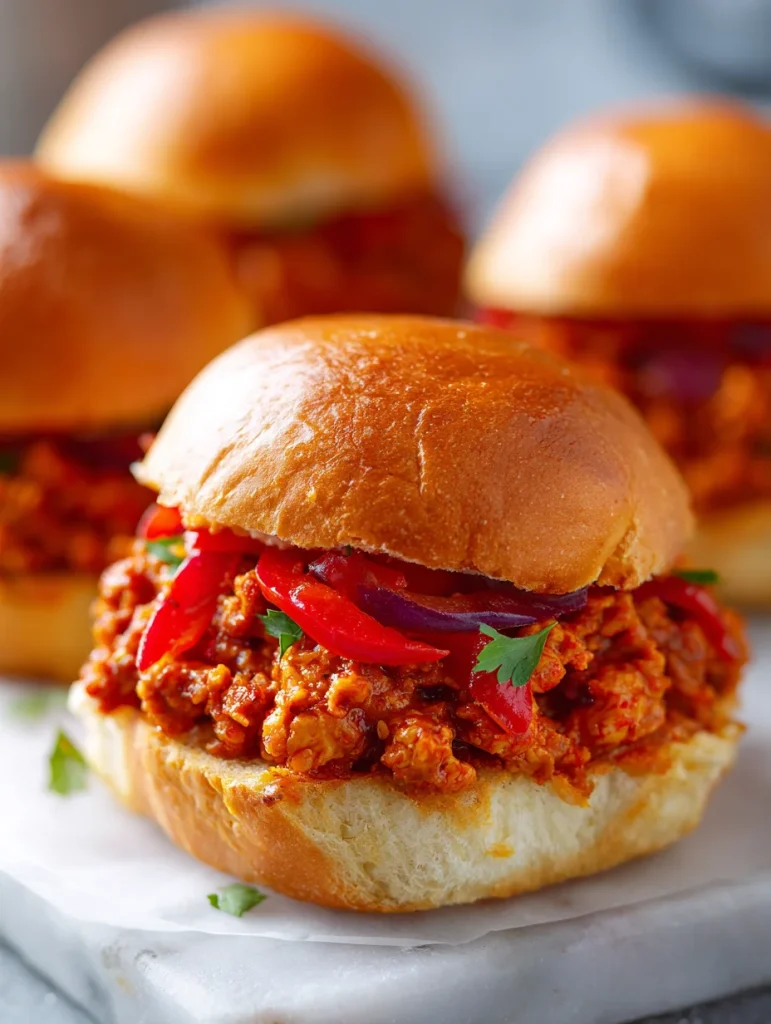 Cajun chicken sloppy joe on a soft brioche bun topped with red bell peppers and onions.