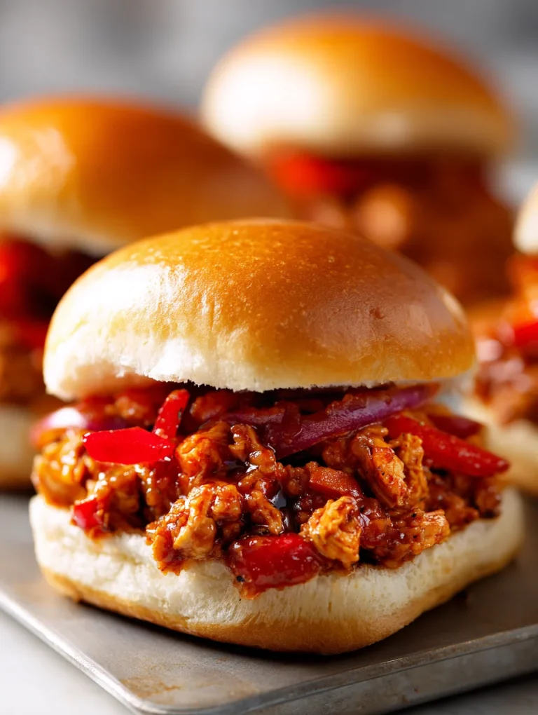 Close-up of a Cajun Chicken Sloppy Joe sandwich with saucy shredded chicken, peppers, and onions on a soft toasted bun.