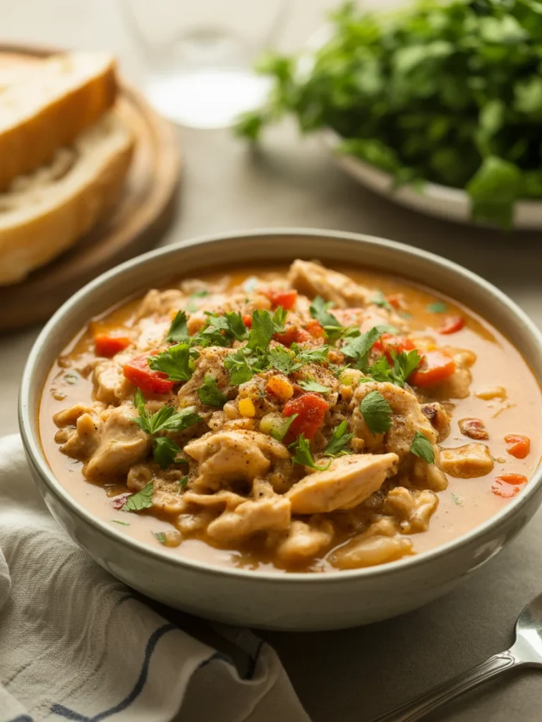 Hearty Cajun white chicken chili with beans, peppers, and fresh herbs in a bowl.