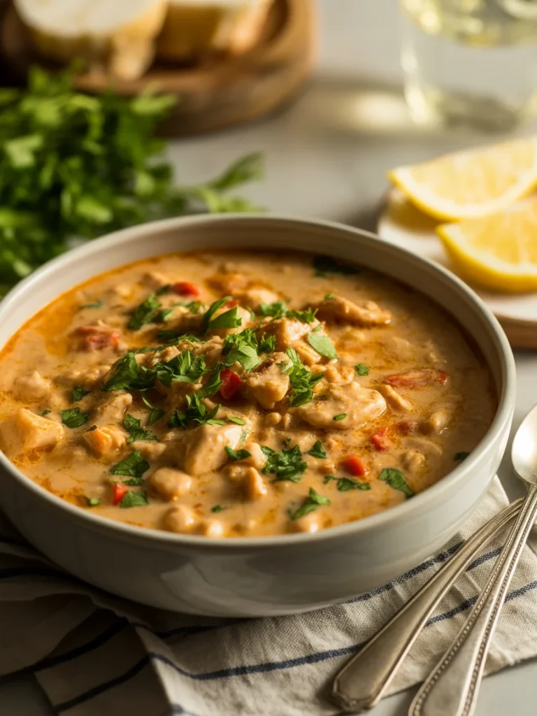 Creamy Cajun white chicken chili garnished with parsley and served with lemon wedges.