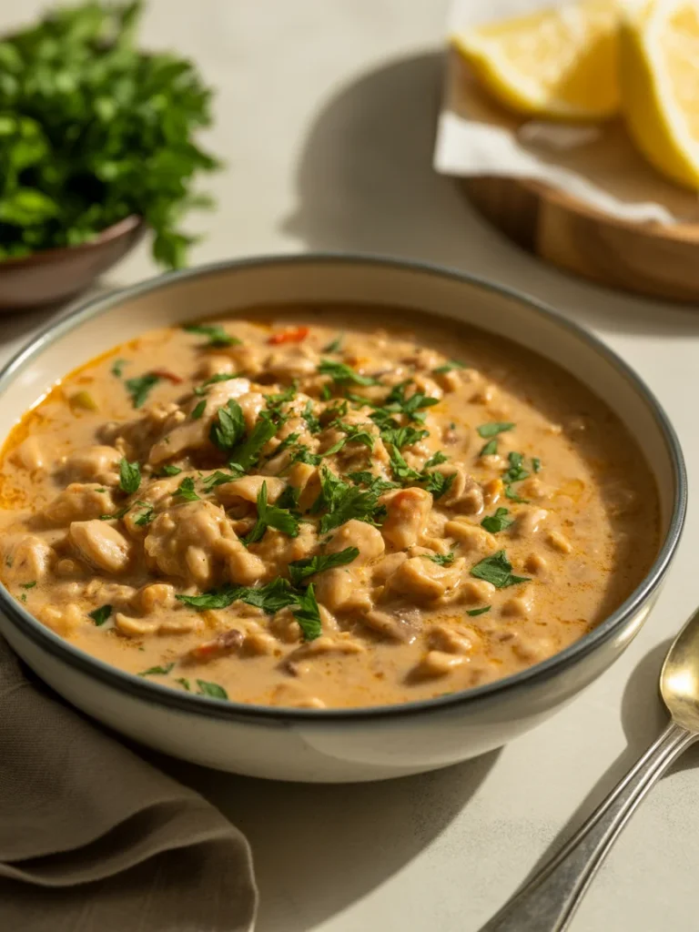 Creamy Cajun white chicken chili topped with fresh parsley in a bowl.