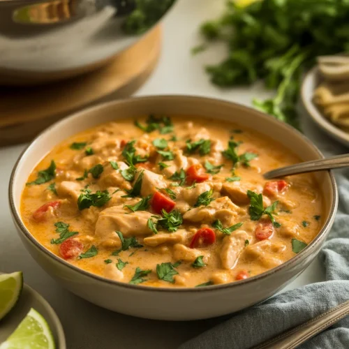 Creamy Cajun white chicken chili in a bowl with fresh parsley and red peppers.