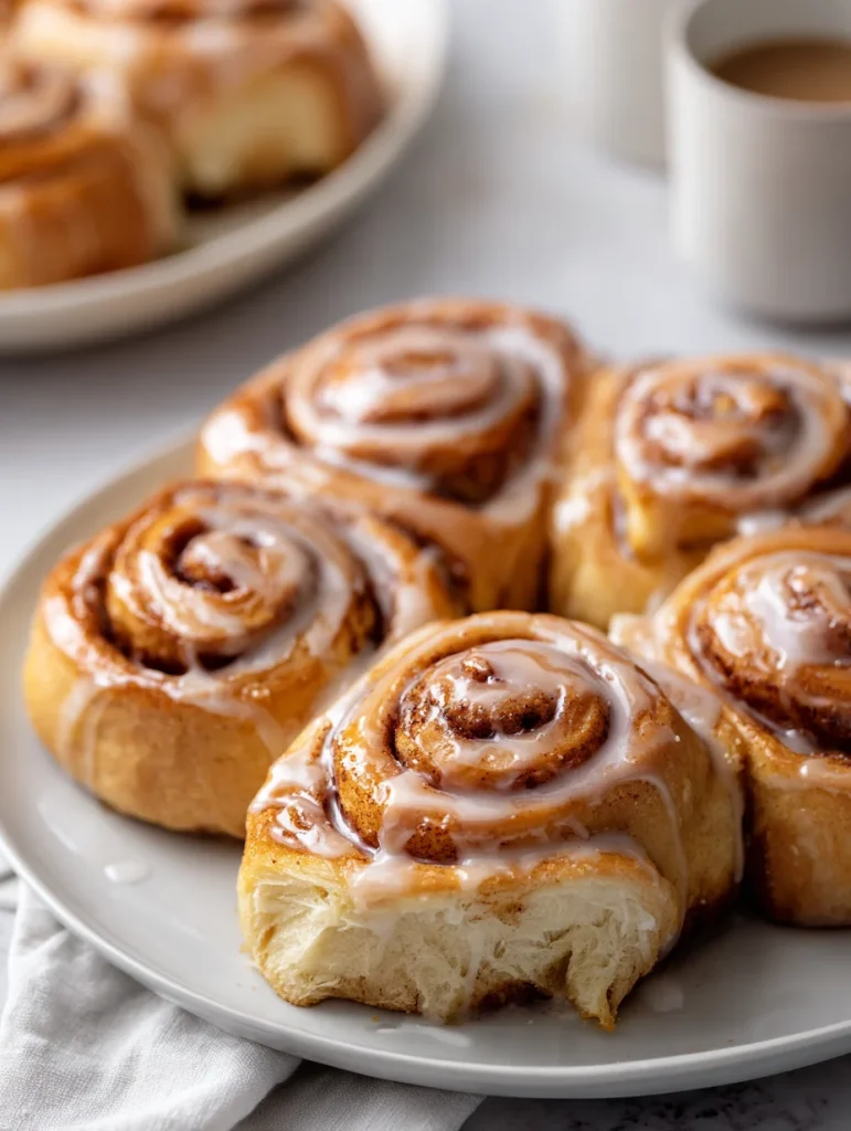 Freshly baked chai cinnamon rolls topped with vanilla glaze on a plate.
