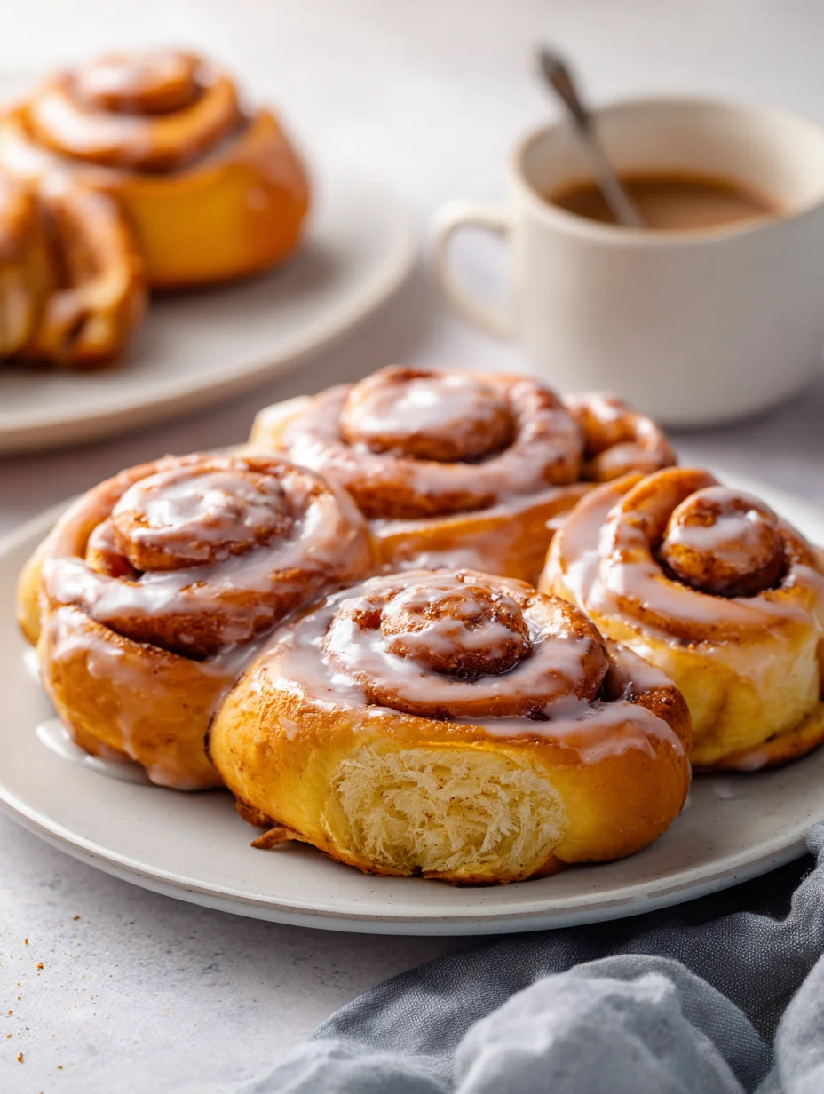 Freshly baked chai cinnamon rolls with vanilla glaze and a cup of coffee.