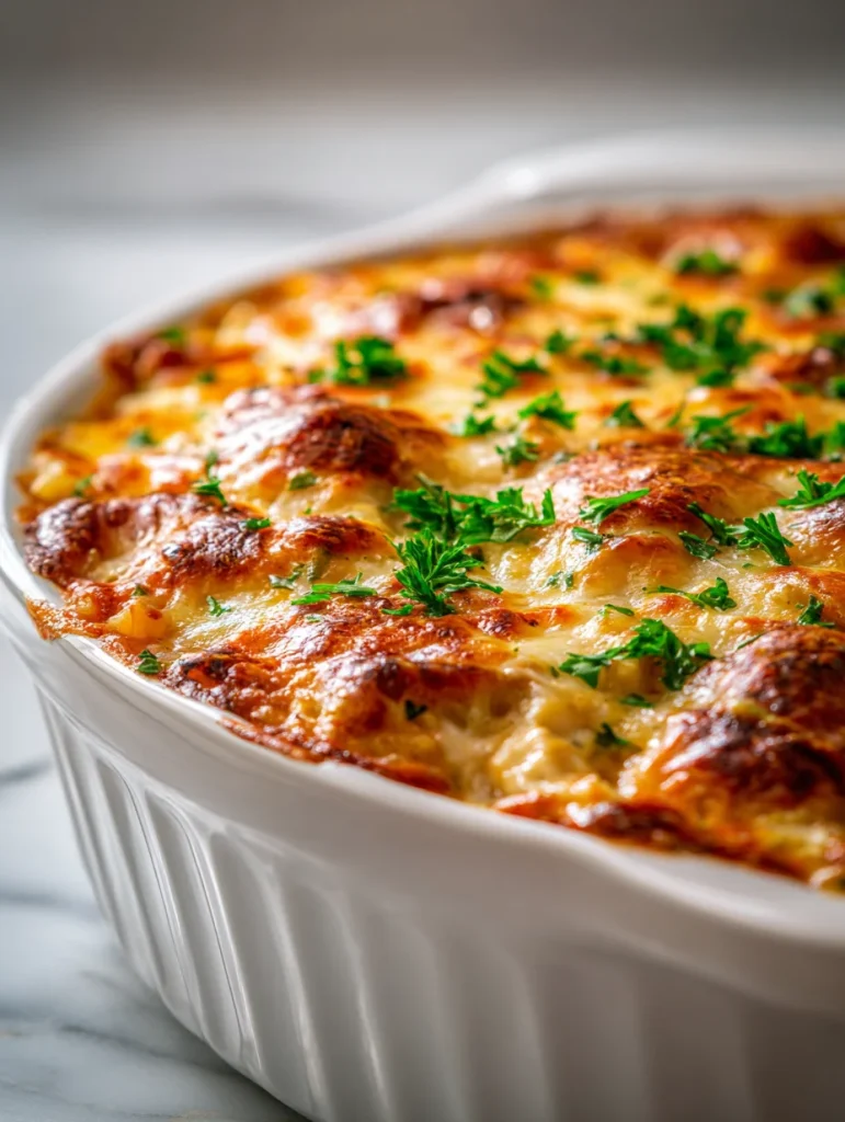 Golden baked chicken orzo casserole topped with melted cheese and parsley in a white baking dish.