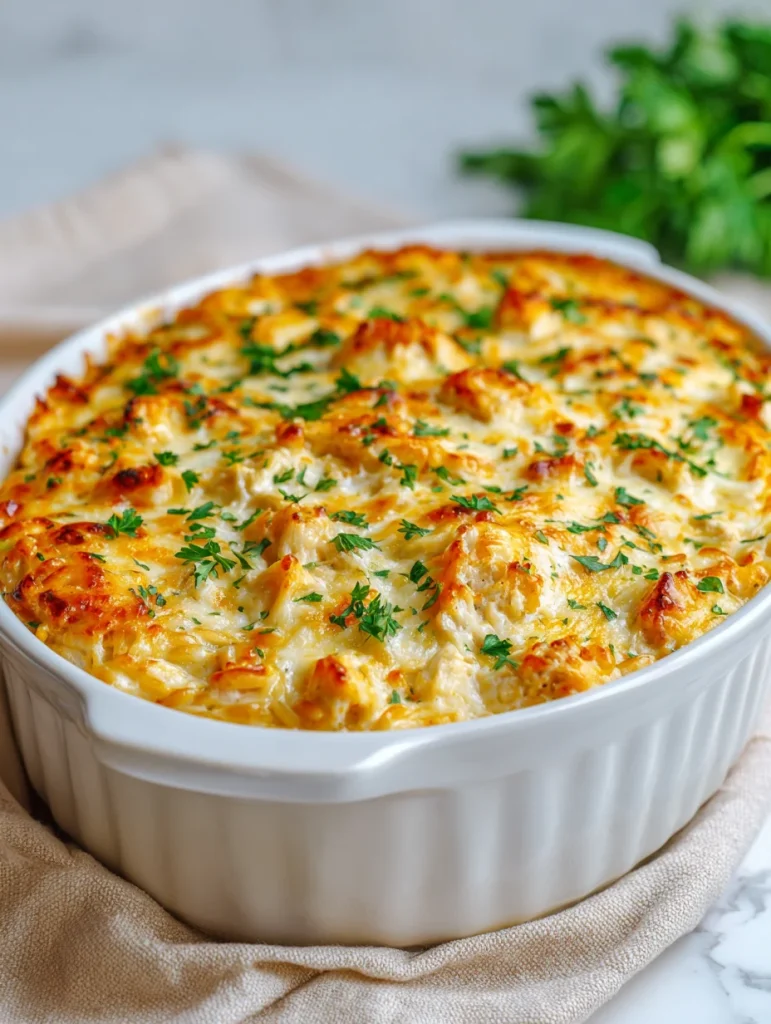 Baked chicken orzo casserole with melted cheese and parsley in a white dish.