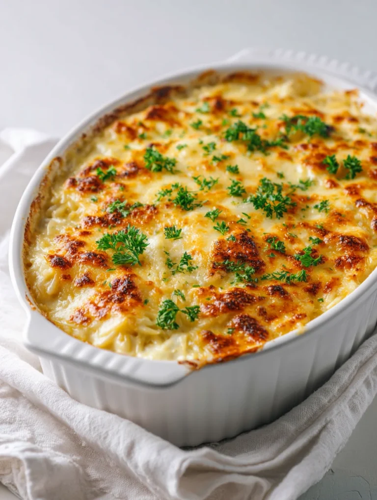 Creamy chicken orzo casserole topped with melted cheese and fresh parsley.
