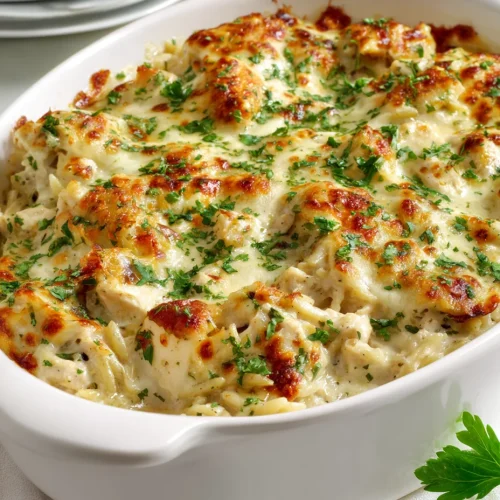 Creamy baked chicken orzo casserole with melted cheese and fresh parsley.