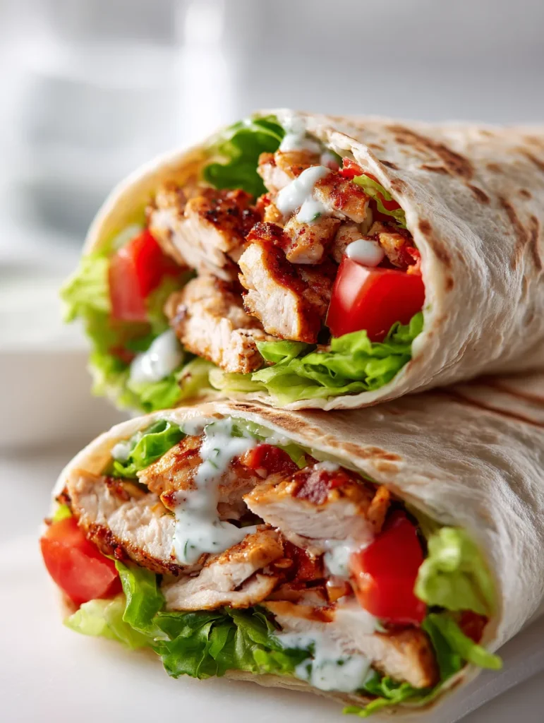Close-up of grilled chili chicken wraps filled with lettuce, tomatoes, and creamy herb sauce.