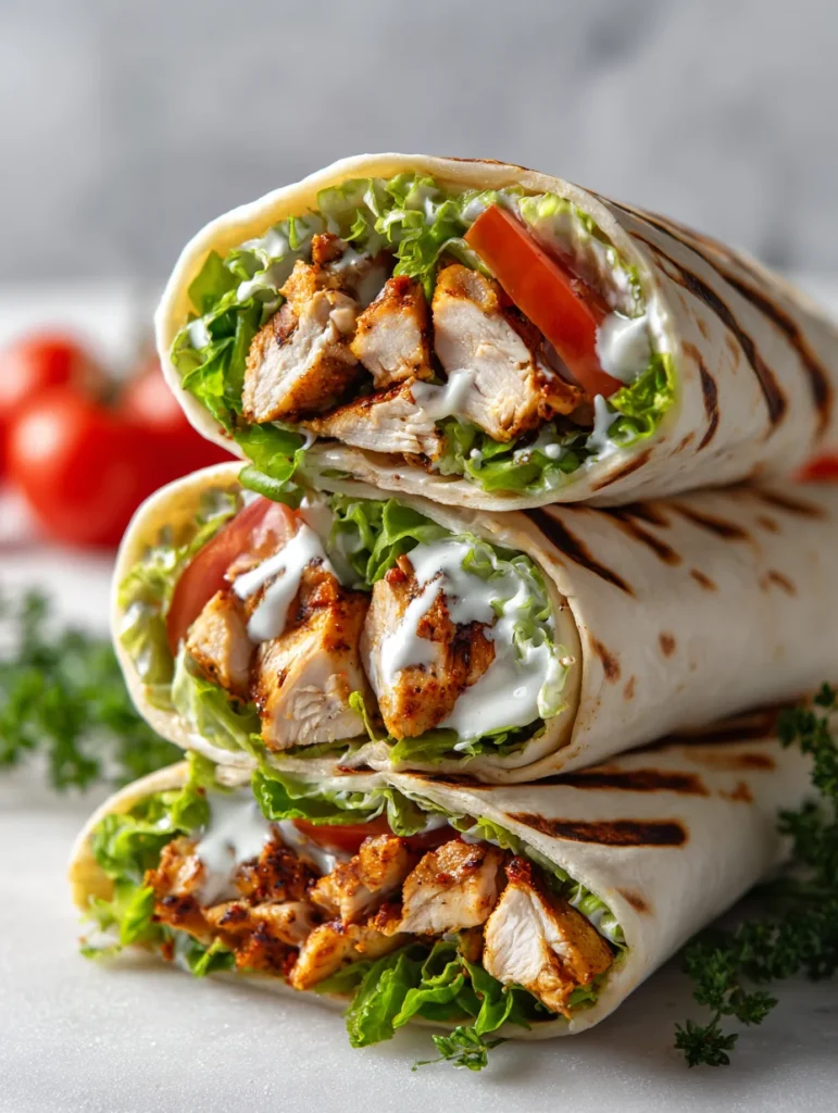 Stack of grilled chili chicken wraps filled with lettuce, tomatoes, and creamy sauce.