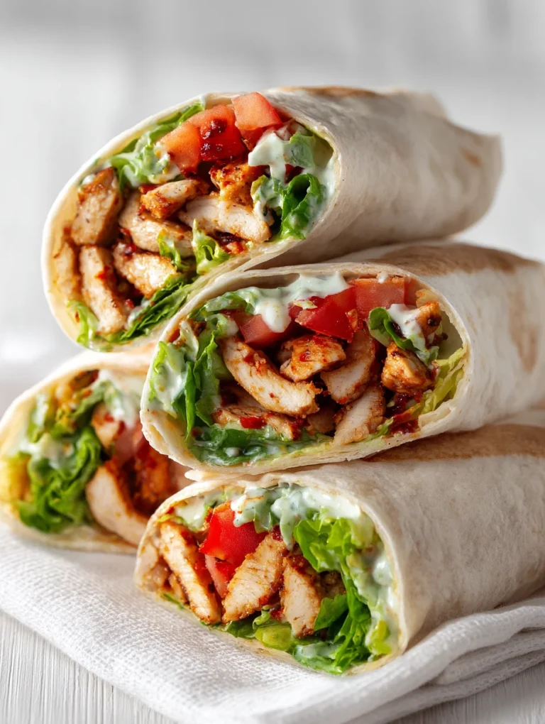 Close-up of fresh chili chicken wraps filled with spicy grilled chicken, lettuce, tomatoes, and creamy dressing.