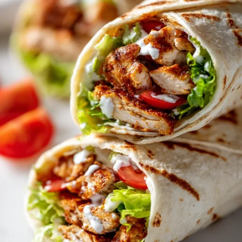 Close-up of chili chicken wraps filled with grilled chicken, lettuce, tomatoes, and creamy sauce.