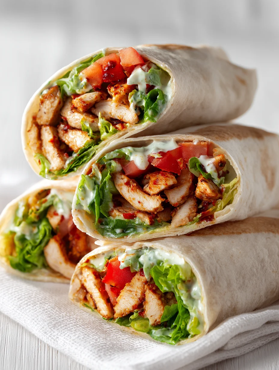 Close-up of fresh chili chicken wraps filled with spicy grilled chicken, lettuce, tomatoes, and creamy dressing.