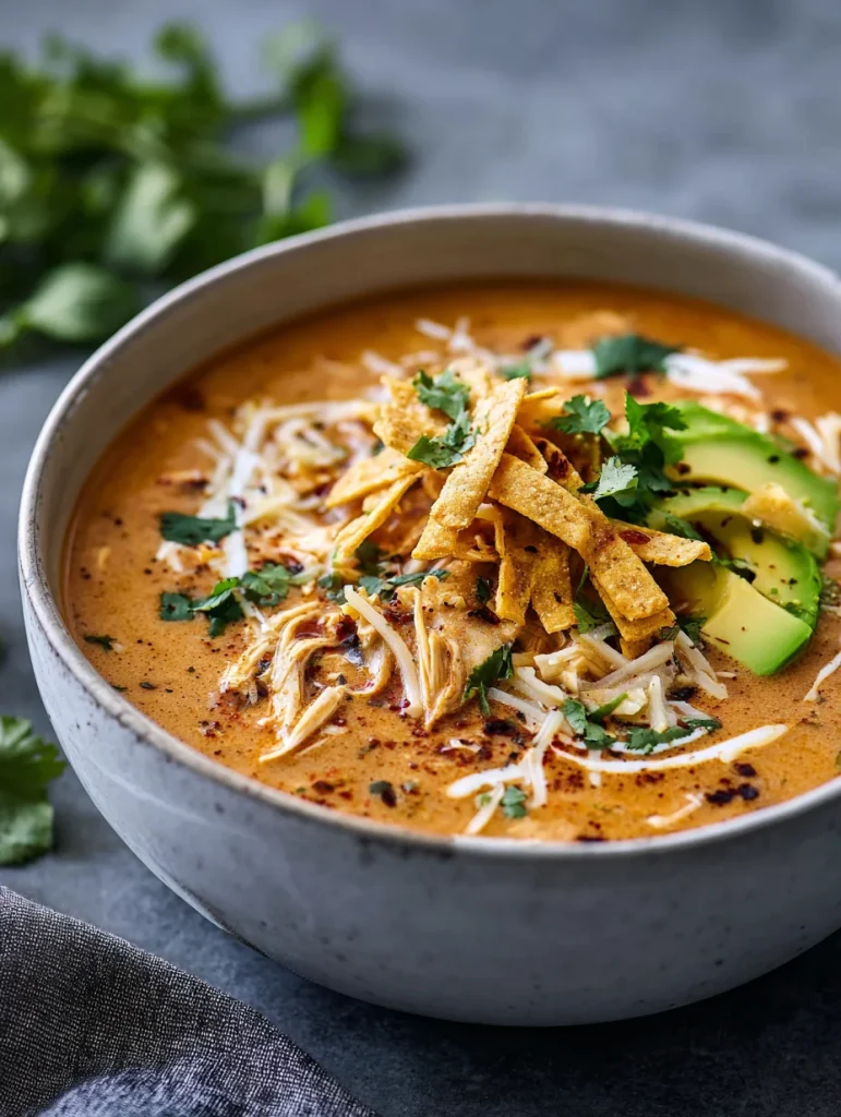 Bowl of creamy chicken enchilada soup garnished with avocado, tortilla strips, and cheese.