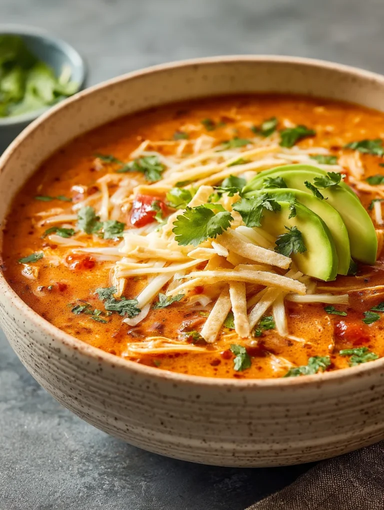 Bowl of creamy Chicken Enchilada Soup topped with avocado, cheese, and tortilla strips.
