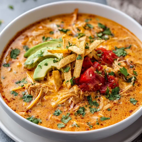Bowl of creamy chicken enchilada soup topped with avocado, tortilla strips, tomatoes, and cilantro.