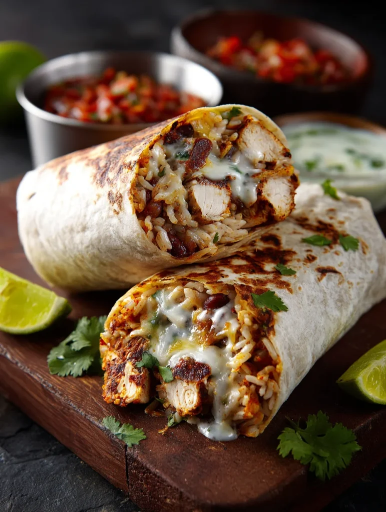 Grilled chipotle chicken burrito filled with rice, beans, and melted cheese on a wooden board.