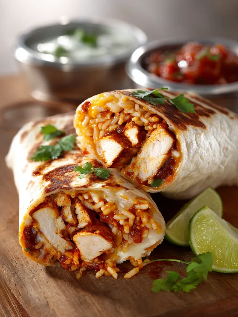 Chipotle chicken burrito stuffed with rice, melted cheese, and spicy sauce served with lime wedges.