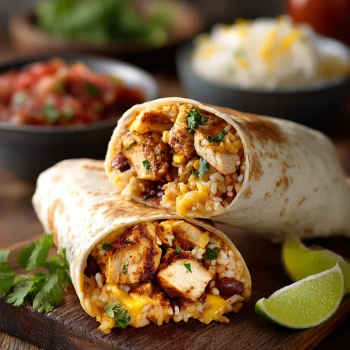 Chipotle chicken burrito filled with grilled chicken, rice, beans, and melted cheese, served with lime wedges.