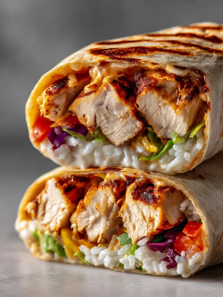 Chipotle ranch grilled chicken burrito cut in half with juicy grilled chicken, rice, fresh veggies, and creamy sauce