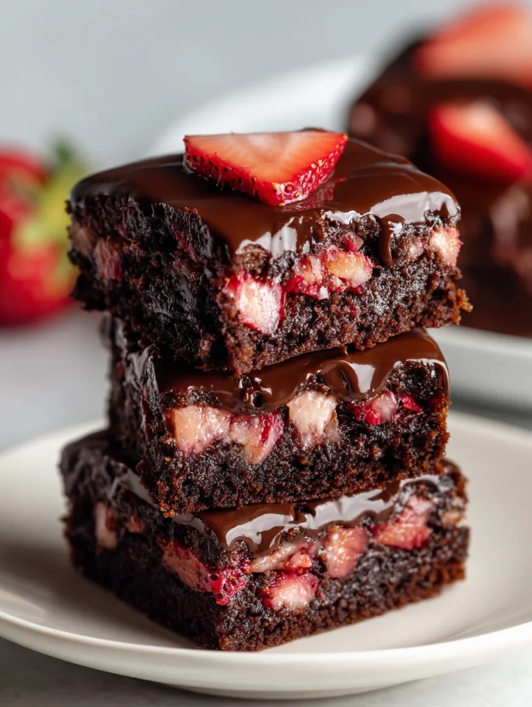 Stacked chocolate-covered strawberry brownies topped with rich ganache and fresh strawberry slices.