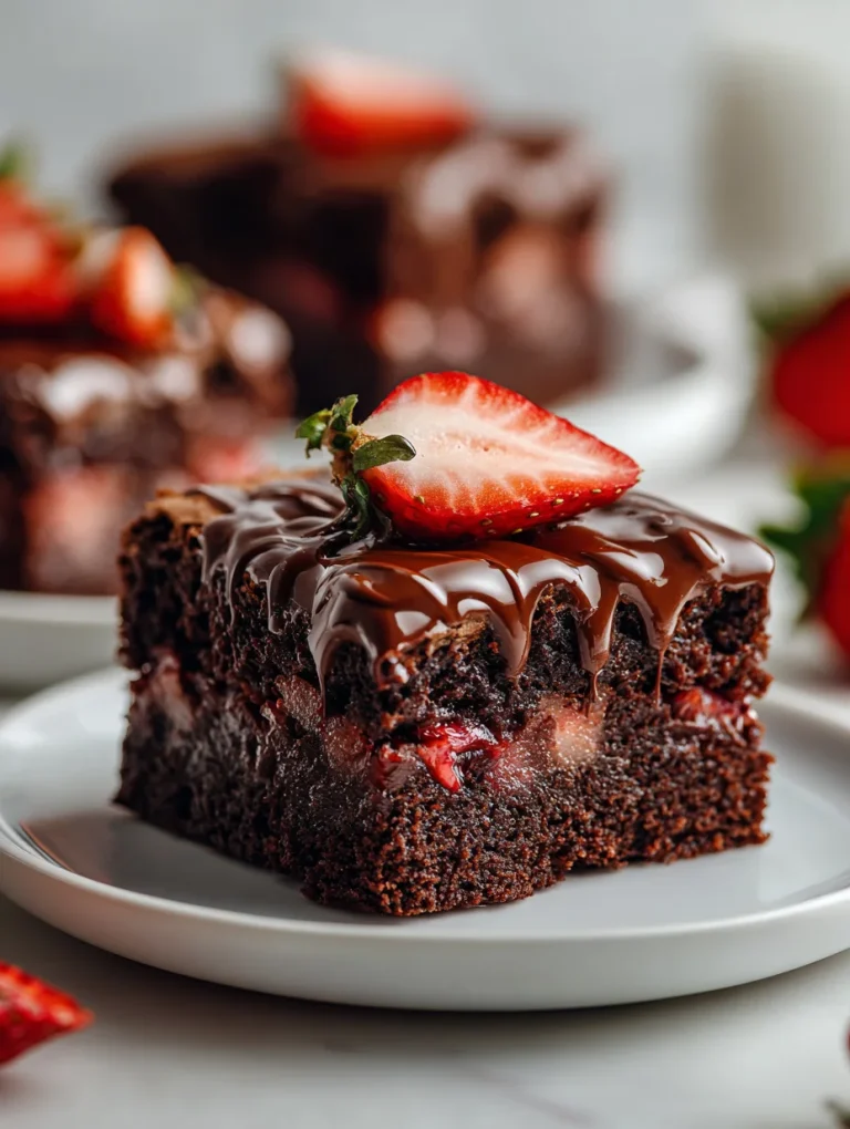 Chocolate-covered strawberry brownie topped with fresh strawberry and glossy chocolate ganache.