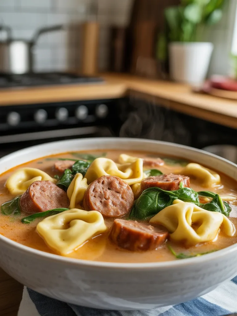Creamy sausage tortellini soup in a white bowl with spinach and sliced sausage.