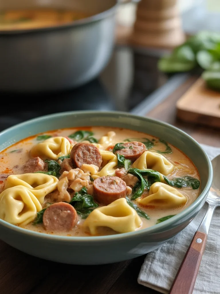 Bowl of creamy sausage tortellini soup with spinach and sliced sausage in a green bowl.