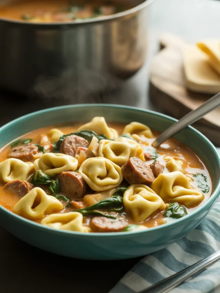 Creamy sausage tortellini soup served in a blue bowl, filled with cheese tortellini, sliced sausage, spinach, and a rich, creamy broth.