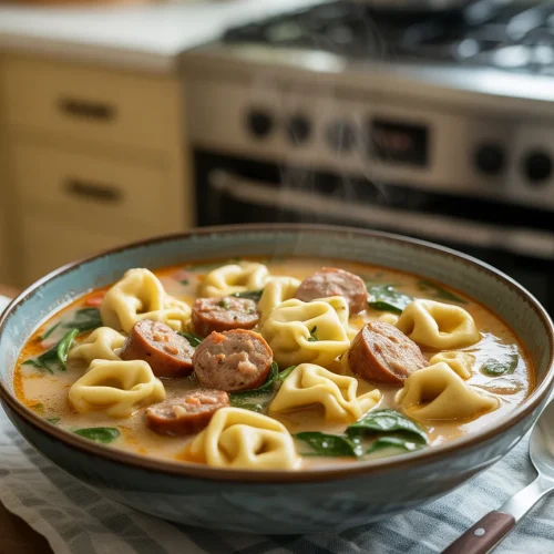 Creamy sausage tortellini soup served in a blue bowl, filled with cheese tortellini, sliced sausage, and fresh spinach.