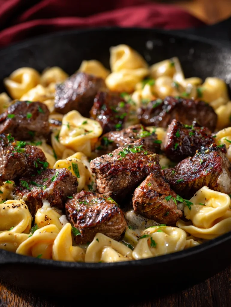 Garlic butter steak bites served with cheese tortellini in a cast-iron skillet, topped with fresh parsley.