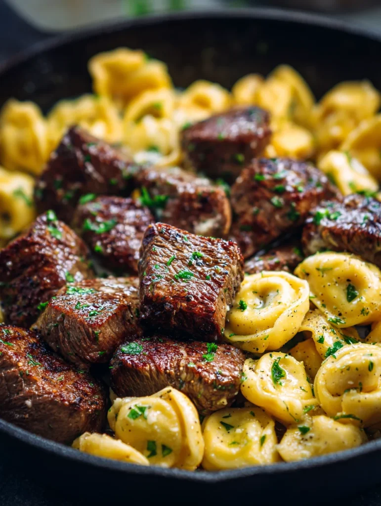 Garlic butter steak bites served with cheese tortellini in a cast-iron skillet, garnished with fresh parsley.