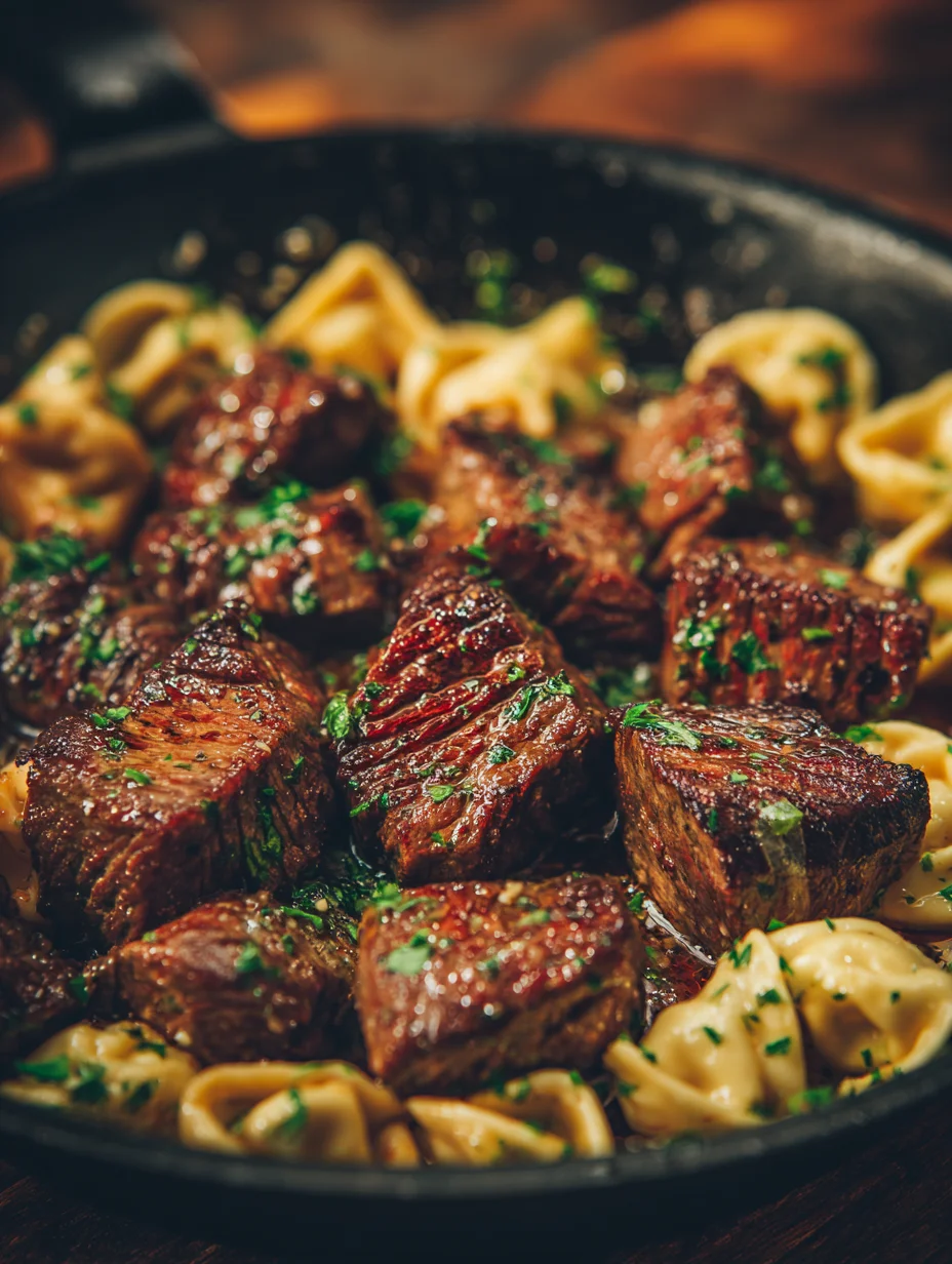 Garlic butter steak bites served with cheese tortellini in a skillet, garnished with fresh herbs.