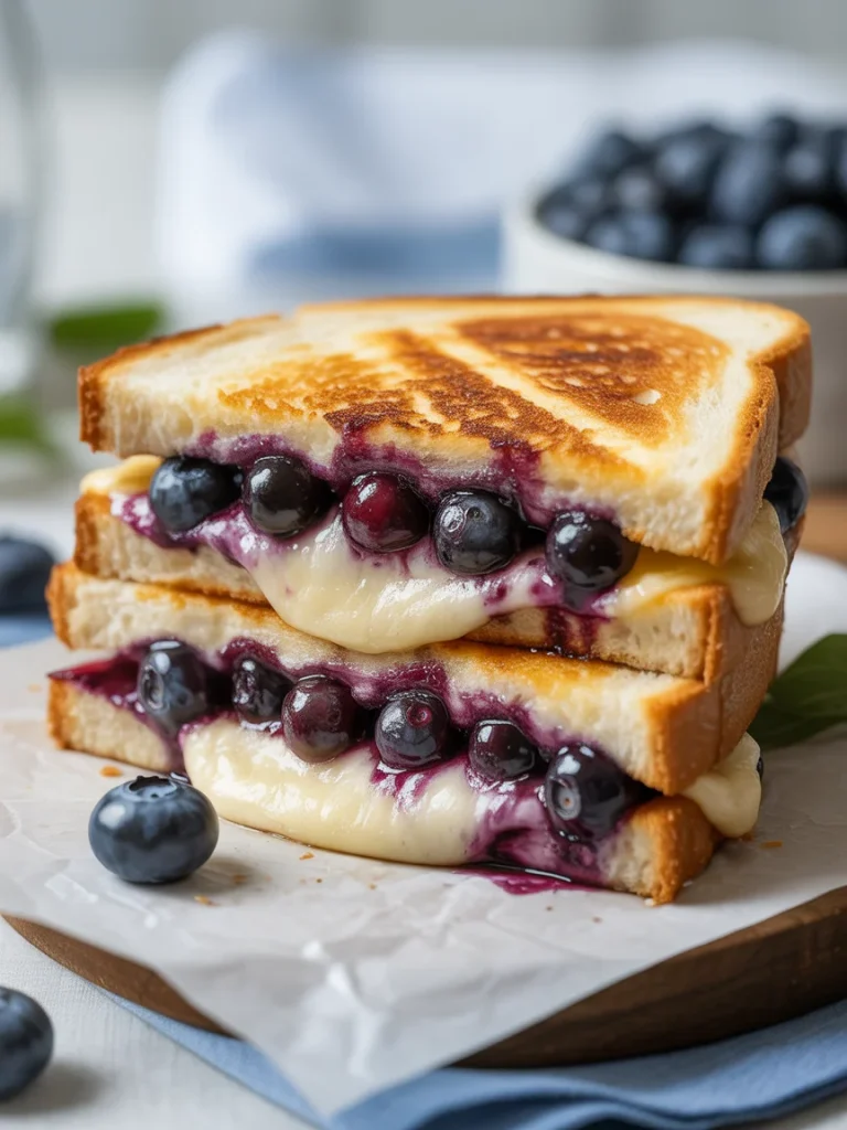 Stacked blueberry grilled cheese sandwich with melted cheese and fresh blueberries oozing between toasted bread slices.