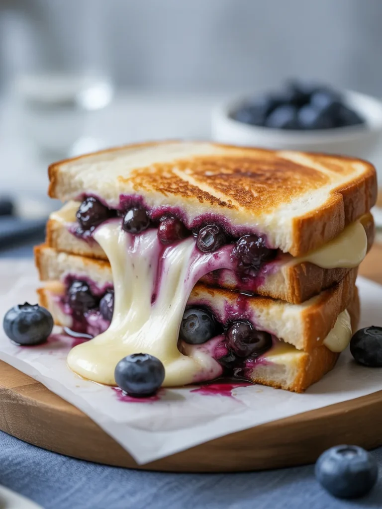 Blueberry grilled cheese sandwich with melted cheese stretching between toasted bread slices.