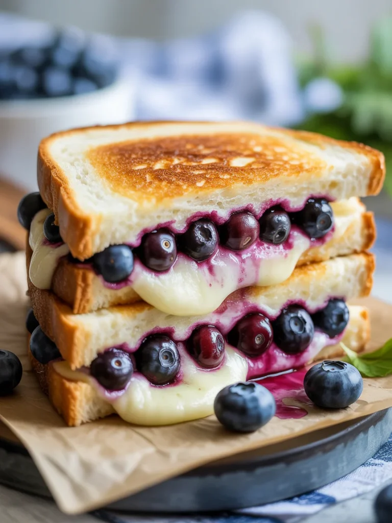 Gourmet blueberry grilled cheese sandwich with melted cheese and fresh blueberries between golden toasted bread slices.