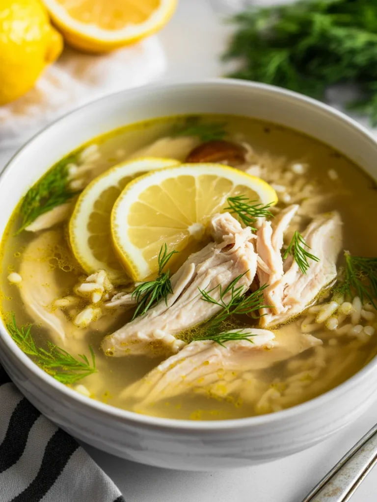 Greek lemon chicken soup with shredded chicken, rice, fresh dill, and lemon slices in a white bowl.