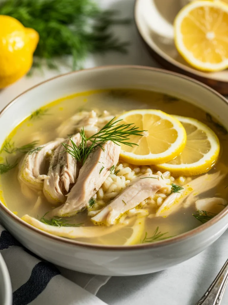 Bowl of Greek lemon chicken soup with shredded chicken, rice, lemon slices, and fresh dill.