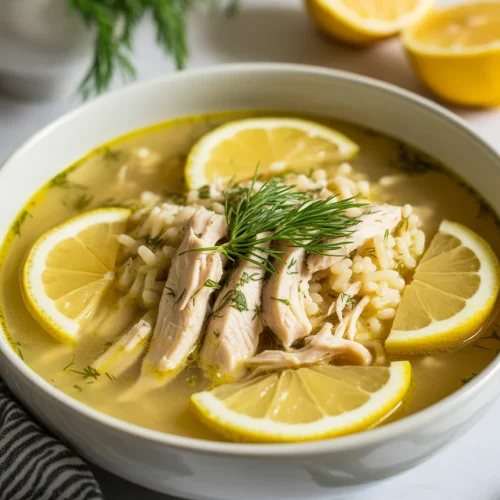 Greek lemon chicken soup with shredded chicken, rice, lemon slices, and fresh dill in a white bowl.