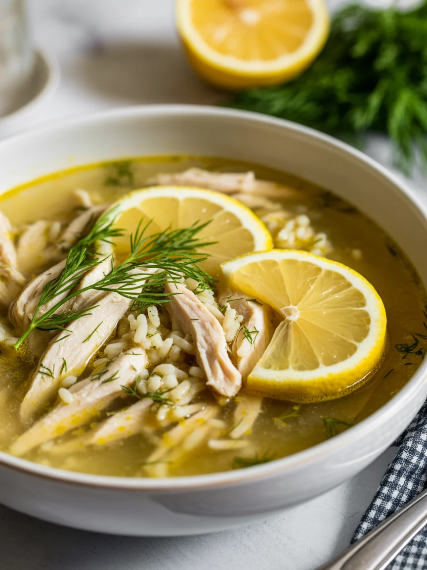 Bowl of Greek lemon chicken soup with shredded chicken, rice, fresh dill, and lemon slices.