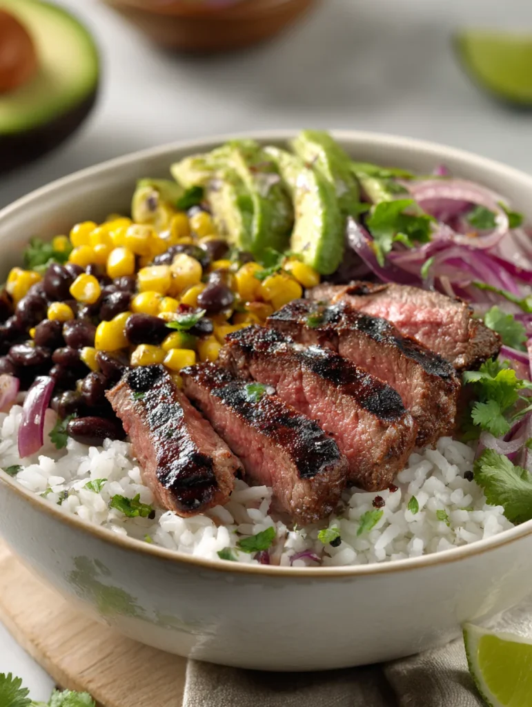 Grilled steak bowl with rice, avocado, corn, black beans, and red onions.