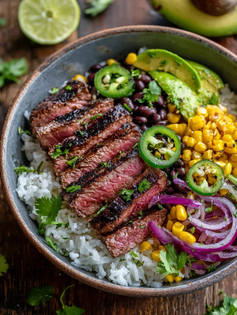Grilled steak bowl with rice, black beans, corn, avocado, jalapeño, and red onion.