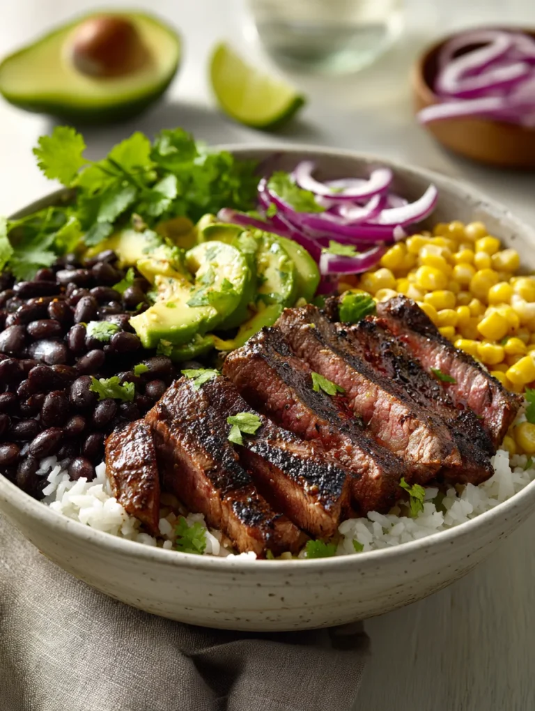 Grilled steak bowl with rice, avocado, black beans, corn, and cilantro.