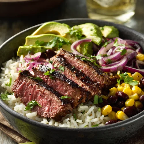 Grilled steak bowl with rice, avocado, corn, black beans, and red onions.