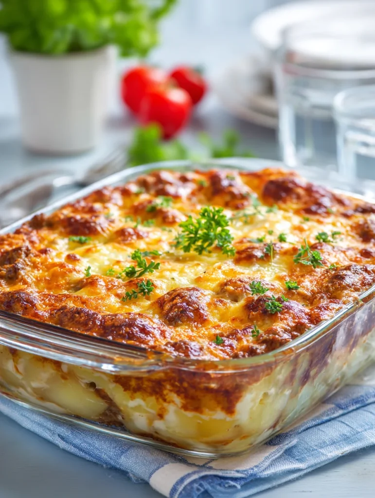 Cheesy ground beef and potatoes casserole in a glass baking dish.